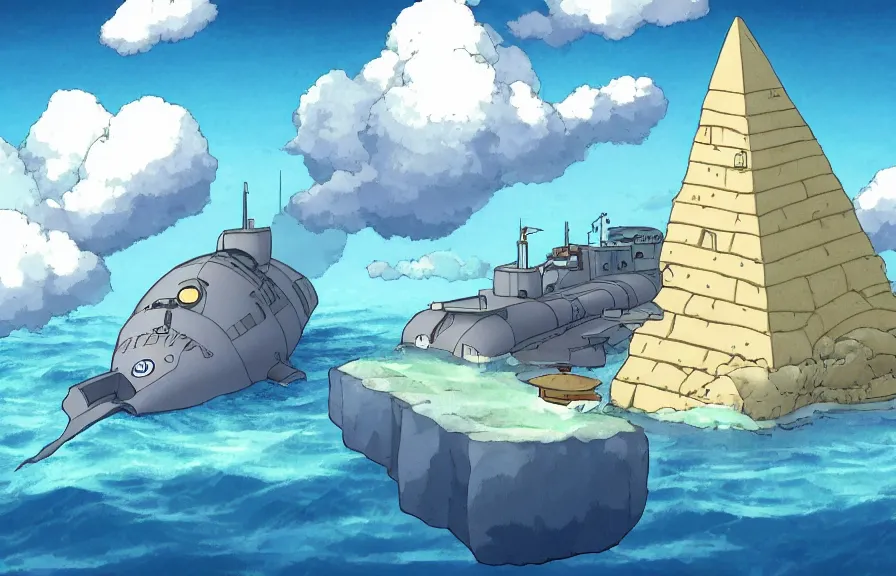 Prompt: a realistic studio ghibli cell shaded cartoon showing a submarine in front of a white pyramid with a gold capstone underwater at the bottom of the sea. wide shot, very dull muted colors, hd, 4 k, hq