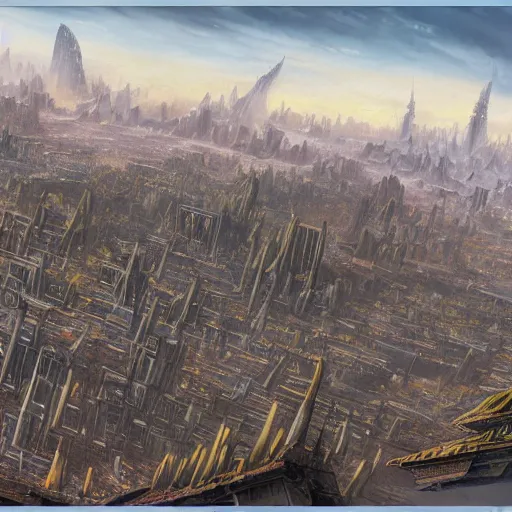 Image similar to matte painting of a sprawling city on the surface of bajor, by syd dutton