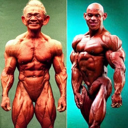 Image similar to yoda's before and after bodybuilding phots, highly detailed