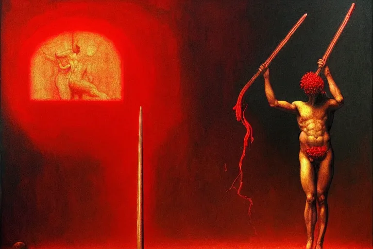 Image similar to only with red, a red melted apollo with a laurel wreath and a flaming sword announce the win, atene in the background, in the style of beksinski, part by hopper, part by rodcenko, part by hofbauer, intricate composition, red by caravaggio, insanely quality, highly detailed, masterpiece, red light, artstation