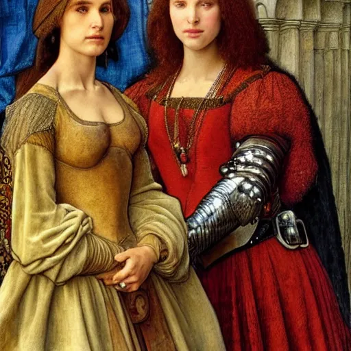 Prompt: full colour engraving full figure portrait of natalie portman and scarlet johansson, in medieval armoury, painted by albrecht durer, jean delville, alphonse mucha, jan van eyck, da vinci