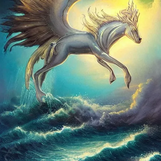 Image similar to a beautiful, celestial, oceanic drakopegasus rising from the sea toward the stars, fantasy art,