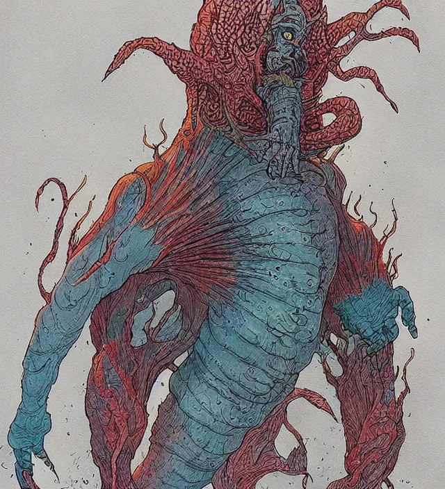 Image similar to a watercolor ink painting of a monstrous inhuman kaiju goddess of natural - disasters in the style of jean giraud in the style of moebius trending on artstation deviantart pinterest detailed realistic hd 8 k high resolution