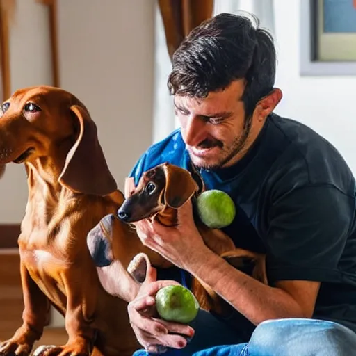 Image similar to award winning photograph, an argentinian playing fortnite with a dachshund, fruit around him, indoor, fun, friendly