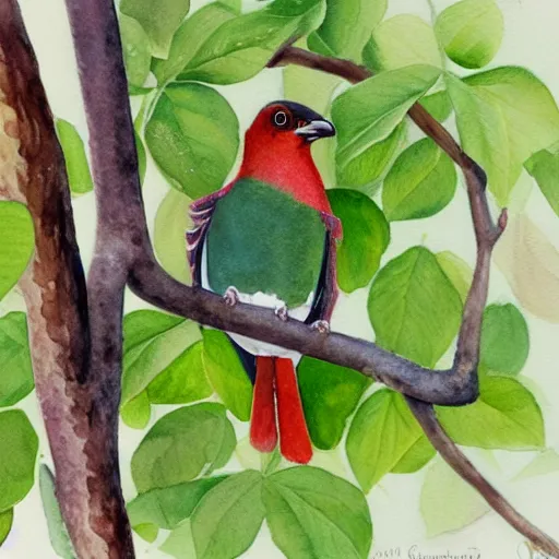 Prompt: A realistic watercolour painting of a Trogon in a wild avocado tree, fine detail