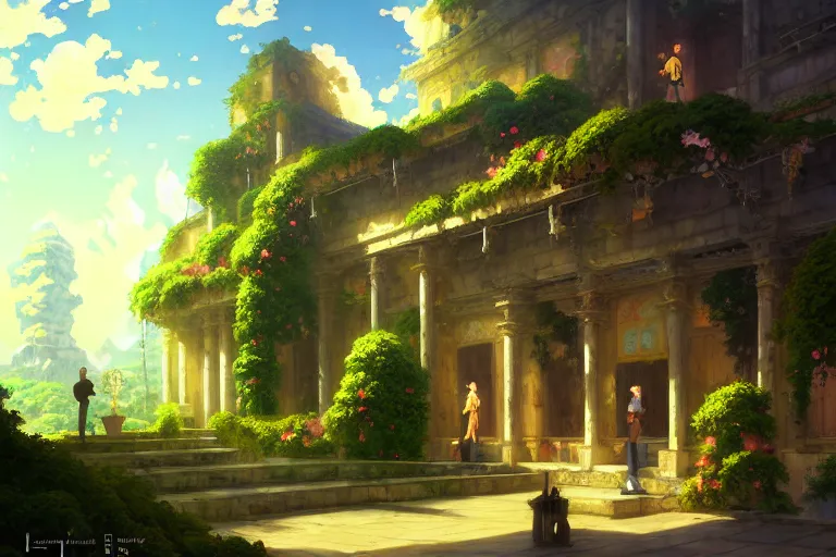 Image similar to baroque oil painting of anime key visual environment concept art of hanging gardens of babylon, brutalist, dark fantasy, rule of thirds, cinematic lighting, fake hidden detail, trending on pixiv fanbox, acrylic palette knife and brush, style of makoto shinkai studio ghibli genshin impact jamie wyeth james gilleard greg rutkowski