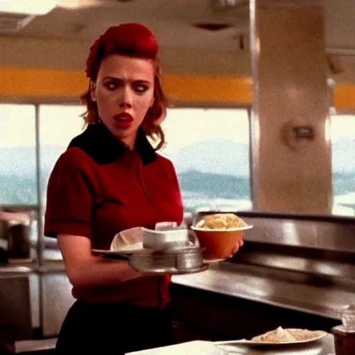 Prompt: a still of Scarlett Johansson as a waitress at the double r diner in Twin Peaks (1990)