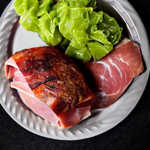 Prompt: photo of green egg and piece of ham in a plate