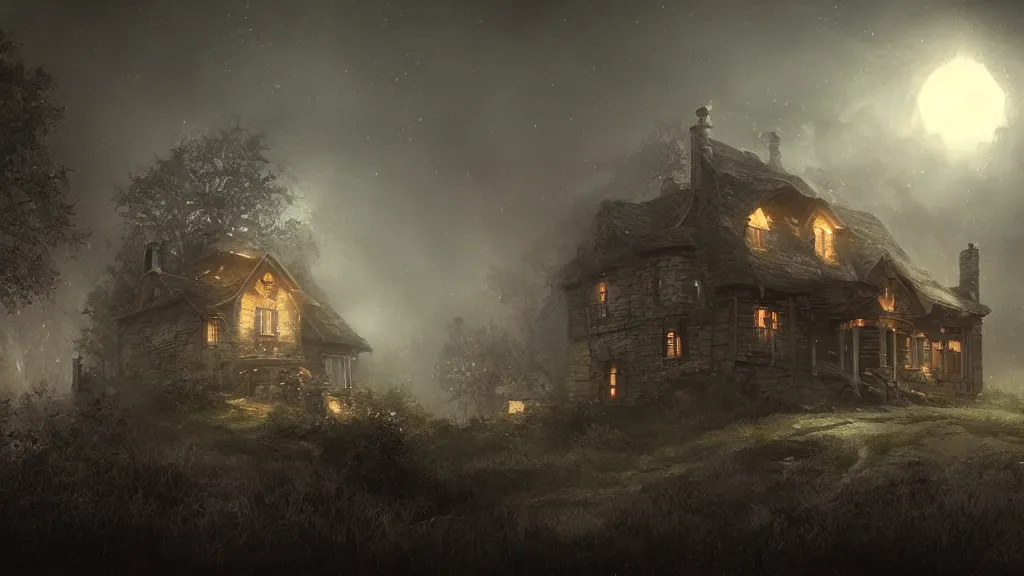 Prompt: A dark shadowy cottage on a hilltop at night, by Bastien LeCouffe-Deharme, hyperrealistic, Cryengine 8k UHD