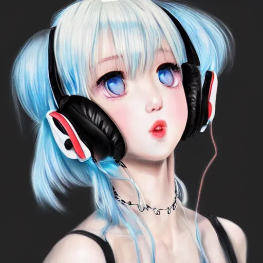 Image similar to realistic detailed semirealism beautiful gorgeous natural cute excited happy Blackpink Lalisa Manoban white hair white cat ears blue eyes, wearing black camisole outfit, headphones, black leather choker artwork drawn full HD 4K high resolution quality artstyle professional artists WLOP, Aztodio, Taejune Kim, Guweiz, Pixiv, Instagram, Artstation