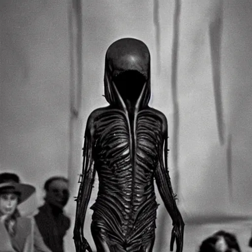 Image similar to H R Giger’s Alien, dressed in avant-garde outfit, posing on a runway