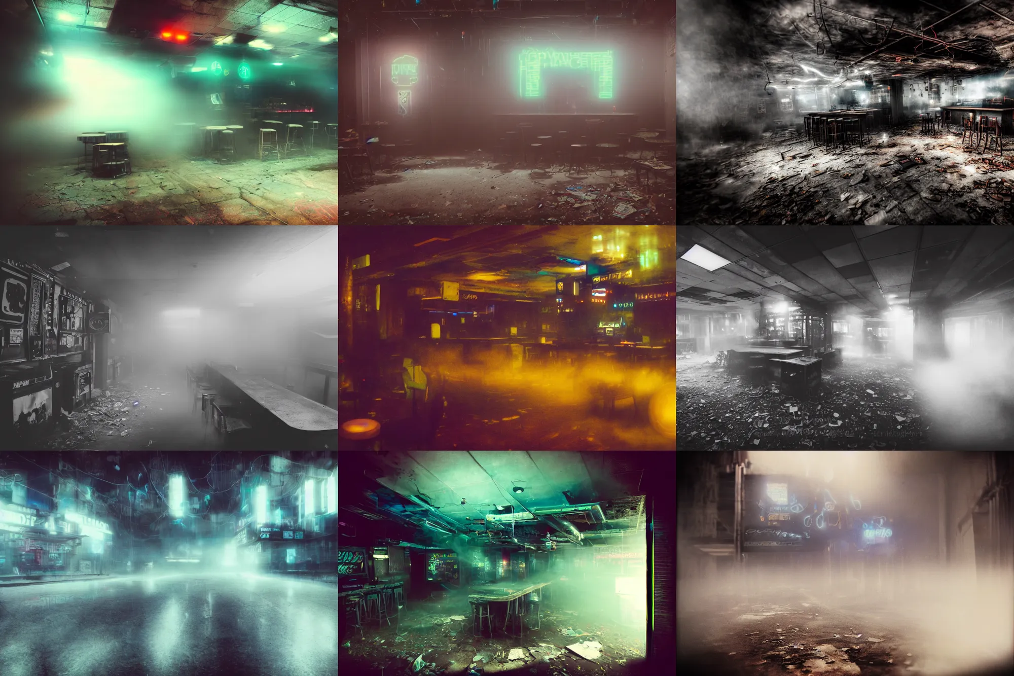 Prompt: travel photography, polaroid photo, motion blur, an abandoned cyberpunk bar in the middle of an alien world, volumetric fog