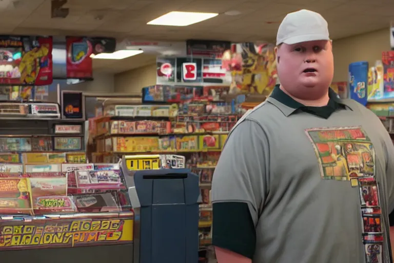 Image similar to bobby hill from king of the hill working behind the counter of a game stop, movie still, from the new clerks movie, 8 k, hd