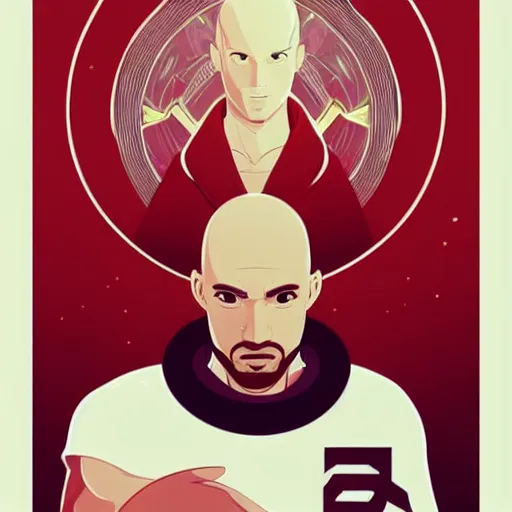 Image similar to a bald terrence boyd as a saint with halo wearing a red kimono, clean cel shaded vector art. shutterstock. behance hd by lois van baarle, artgerm, helen huang, by makoto shinkai and ilya kuvshinov, rossdraws, illustration,