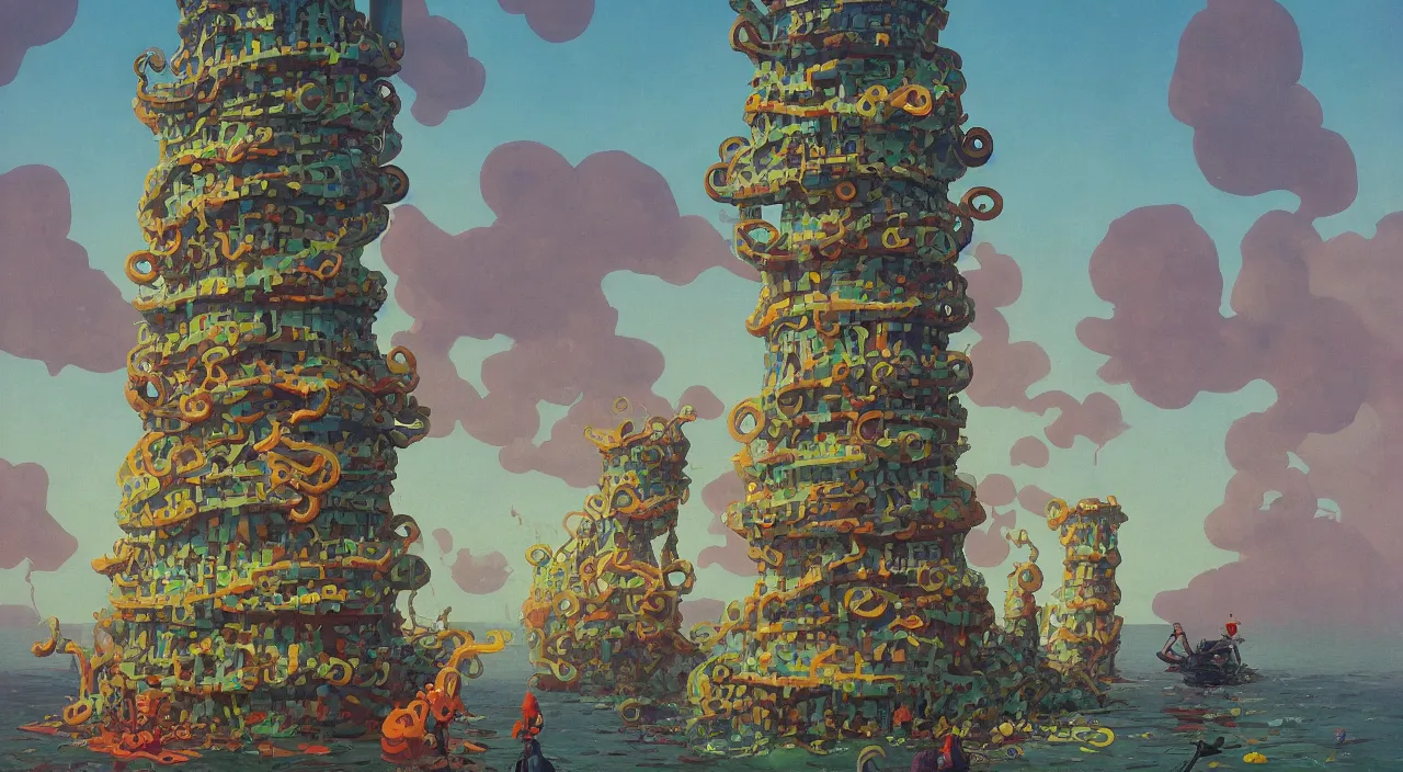 Prompt: single flooded tentacle tower, very coherent and colorful high contrast!! masterpiece by rene magritte simon stalenhag carl spitzweg syd mead norman rockwell edward hopper james gilleard, minimalist, dark shadows, sunny day, hard lighting