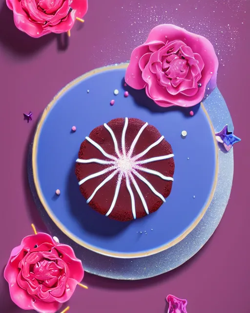 Image similar to supernova chocolate cake with decorative icing flowers, dripping fondant frosting, sparkling, cosmic cake, sylvain sarrailh, artstation