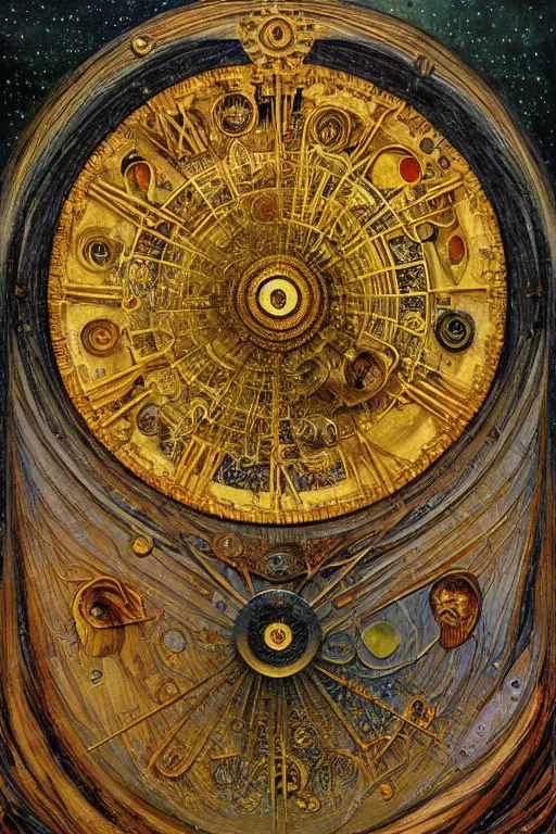 Image similar to The Helliquary by Karol Bak, Jean Deville, Gustav Klimt, and Vincent Van Gogh, otherworldly, fractal structures, arcane, clockface, spiral clock, inferno, inscribed runes, reliquary, infernal relics, ornate gilded medieval icon, third eye, spirals