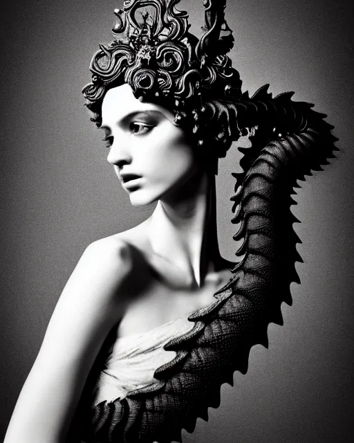 Image similar to dark background, a black and white high quality dreamy photo of a young beautiful female queen-dragon-vegetal-cyborg bust with a very long neck and delicate Mandelbrot fractal face, elegant, highly detailed, flesh highly baroque ornate, hair are curled wired cables, elegant, poetic, soft, dreamy, mysterious, high fashion, rim light, in the style of Ellen von Unwerth, Realistic, Refined, Digital Art, Highly Detailed, Cinematic Lighting, rim light, black and white, photo-realistic, 8K