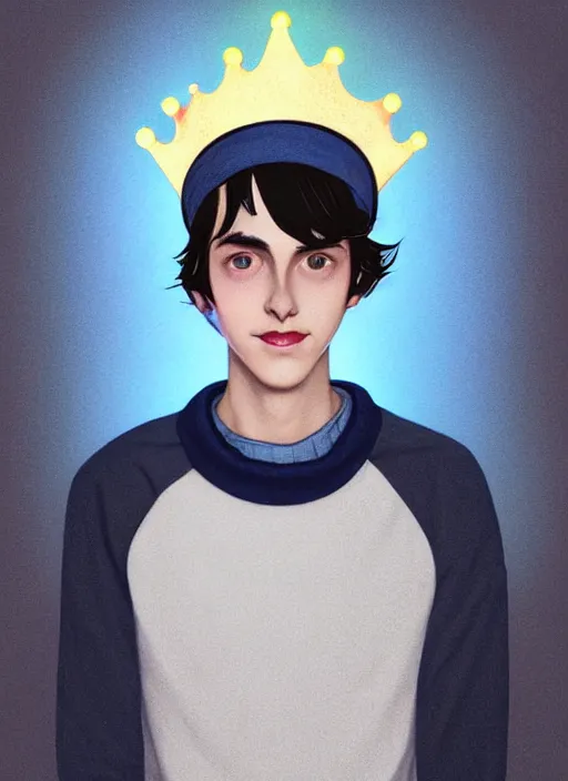 Image similar to portrait of teenage jughead jones wearing a light grey crown, crown, blue turtleneck, 1 9 5 0 s, closed eyes, photorealistic, black hair, glowing lighting, intricate, elegant, glowing lights, highly detailed, digital painting, artstation, concept art, smooth, sharp focus, illustration, art by wlop, mars ravelo and greg rutkowski