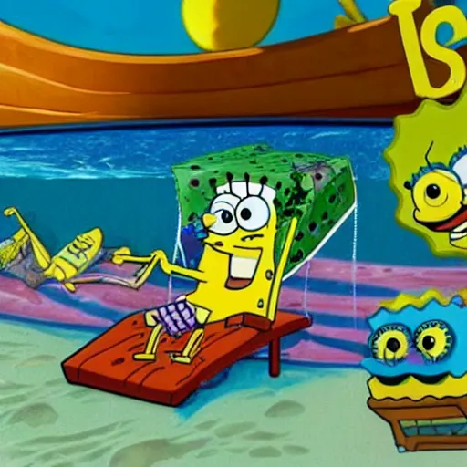 Prompt: spongebob lounging in a tropical resort in space, nasa footage