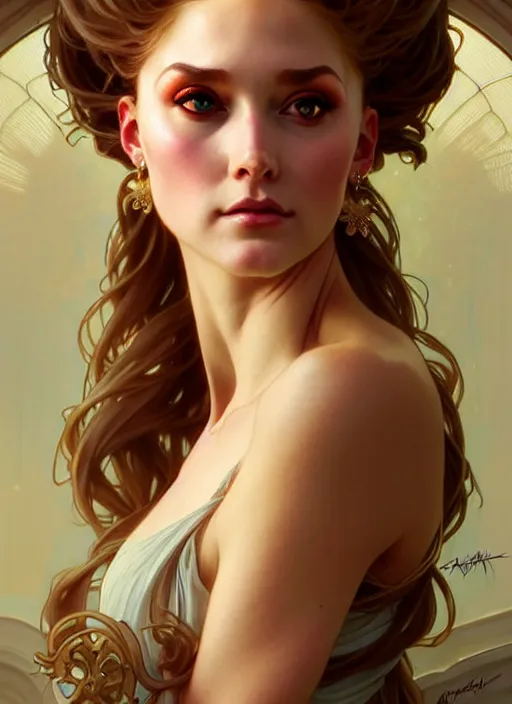 Image similar to rolyatistaylor!!! as queen, incredibly detailed face, pretty face, light dress, true anatomy, art by artgerm and greg rutkowski and alphonse mucha