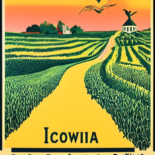 Image similar to vintage travel poster to see a cornfield in Iowa, 1965