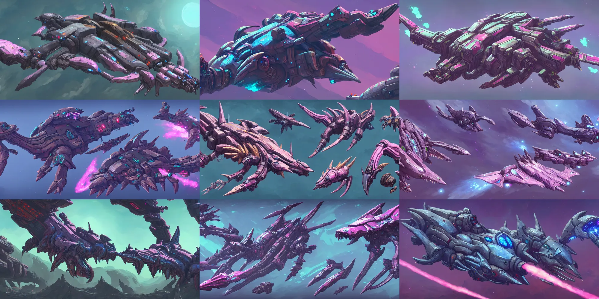 Prompt: game asset of spaceship and vehicles, cockpit, big medium small, infused with zerg hydralisk, in gouache detailed paintings, props, stylized, 2 d sprites, kitbash, arcane, overwatch, blue and pink color scheme, 8 k, close up