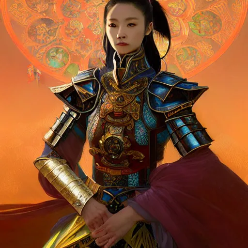 Image similar to beautiful and divine and holy and elite and colorlpunk three kingdom chinese female armor knight portrait like twice tzuyu+shinnyy eyes+front face with light flowing hair, ultradetail face, art and illustration by tian zi and craig mullins and WLOP and alphonse mucha, fantasy, intricate complexity, human structure, human anatomy, fantasy character concept, watermark, blurry, hyperrealism 8k