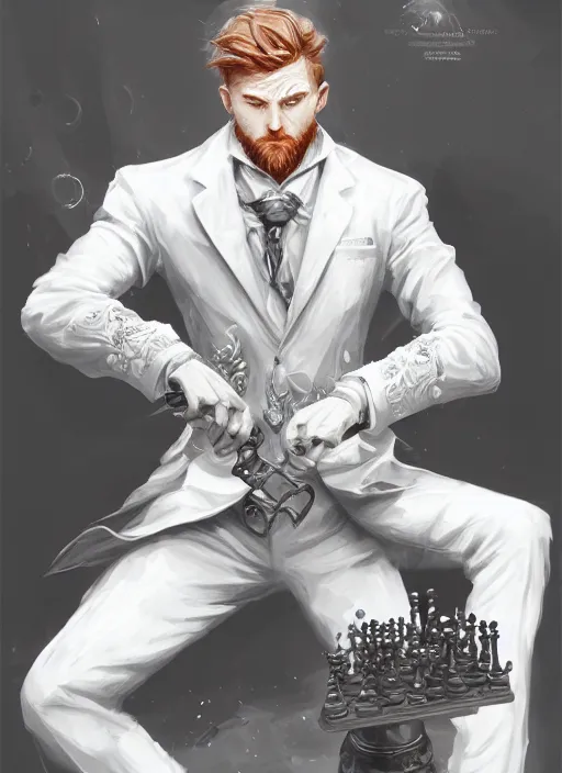 Image similar to a highly detailed illustration of short ginger haired man wearing white suit, dramatic holding chess piece pose, intricate, elegant, highly detailed, centered, digital painting, artstation, concept art, smooth, sharp focus, league of legends concept art, WLOP