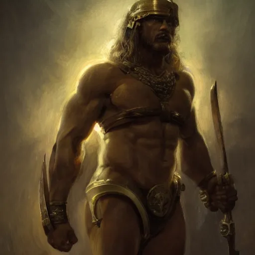 Prompt: handsome portrait of a spartan guy bodybuilder posing, radiant light, caustics, war hero, monster hunter, by gaston bussiere, bayard wu, greg rutkowski, giger, maxim verehin