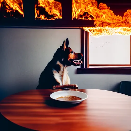 Image similar to a photograph of an humanlike relaxed dog in his house, sitting at a table, ☕ on the table, room is on fire, surrounded by flames, a lot of flames, smoke under the ceiling