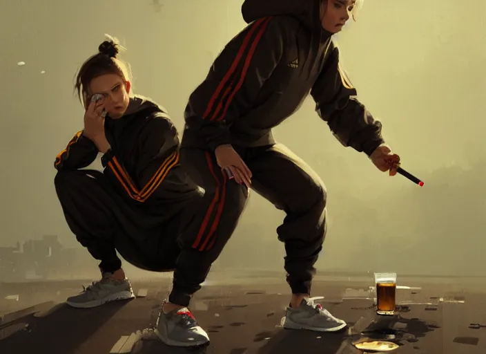 Image similar to russian slav heroine wearing an addidas tracksuit squatting with whiskey in one hand and a cigarette in the other hand. by greg rutkowski and wlop, detailed, cinematic, artstation, 8 k, intricate, rule of thirds.