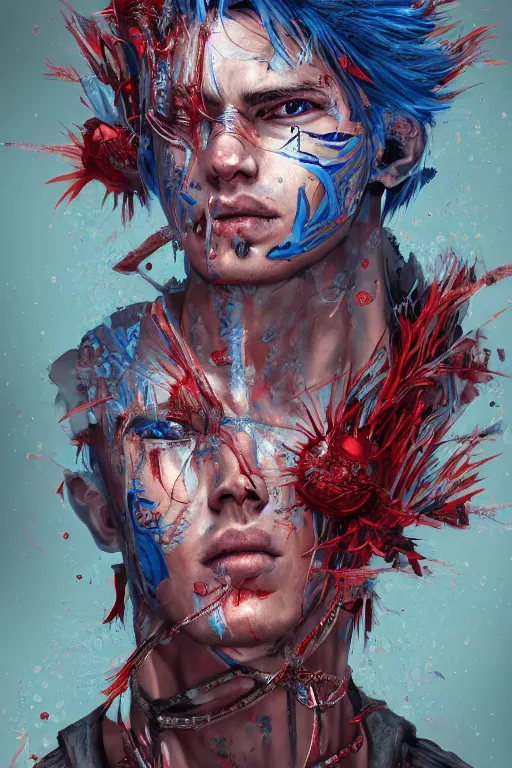 Image similar to portrait of beautiful young man, warhammer, japanic style, cyberpunk, a lot of scars, more and more flowers, blue head, some red water, the middle ages, highly detailed, artstation, illustration, artgerm sylvari portrait, 8 k quality, art by max ernst