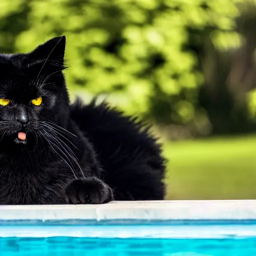 Prompt: a picture of an angry black fuzzy cat with big sharp teeth and yellow eyes, its mouth is open, sitting by a pool on a sunny day