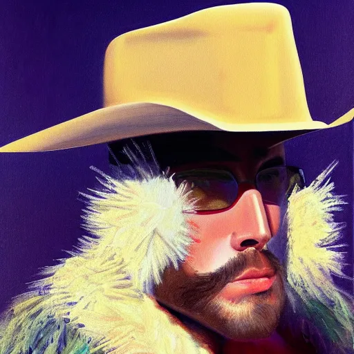Prompt: a beautiful painting of Orville Peck wearing a fringed mask and cowboy hat, snowy background, golden hour, by Mark Maggiori, realistic, artstation