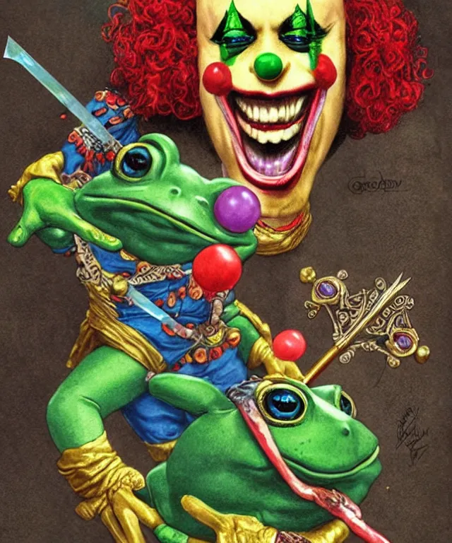 Image similar to clown frog king pulls the sword from the stone, clown frog king wearing clown makeup and rainbow wig, clown crown artwork by Glenn Fabry