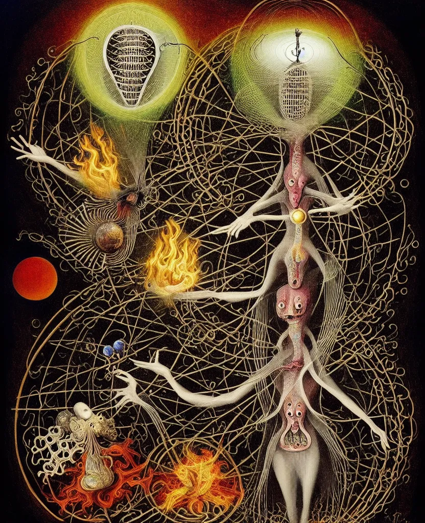 Image similar to whimsical freaky creature sings a unique canto about'as above so below'being ignited by the spirit of haeckel and robert fludd, breakthrough is iminent, glory be to the magic within, painted by ronny khalil