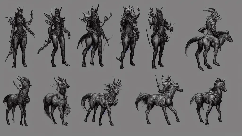 Image similar to a fantasy centaur warlock character design sheet, trending on artstation