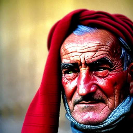 Image similar to portrait of president lyndon b johnson as afghan man, green eyes and red scarf looking intently, photograph by steve mccurry