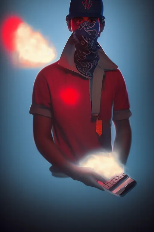 Prompt: pop smoke wit bloods bandana, no duplicate image, glowing lights, ultra details, ultra realistic, digital painting, artstation, concept art, smooth, sharp focus, identical, illustration, intecrate details, art by richard hamilton and mimmo rottela, pixels art by kirokaze and paul robertson
