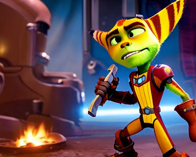 Image similar to film still of ratchet and clank with a hatchet in the new horror movie