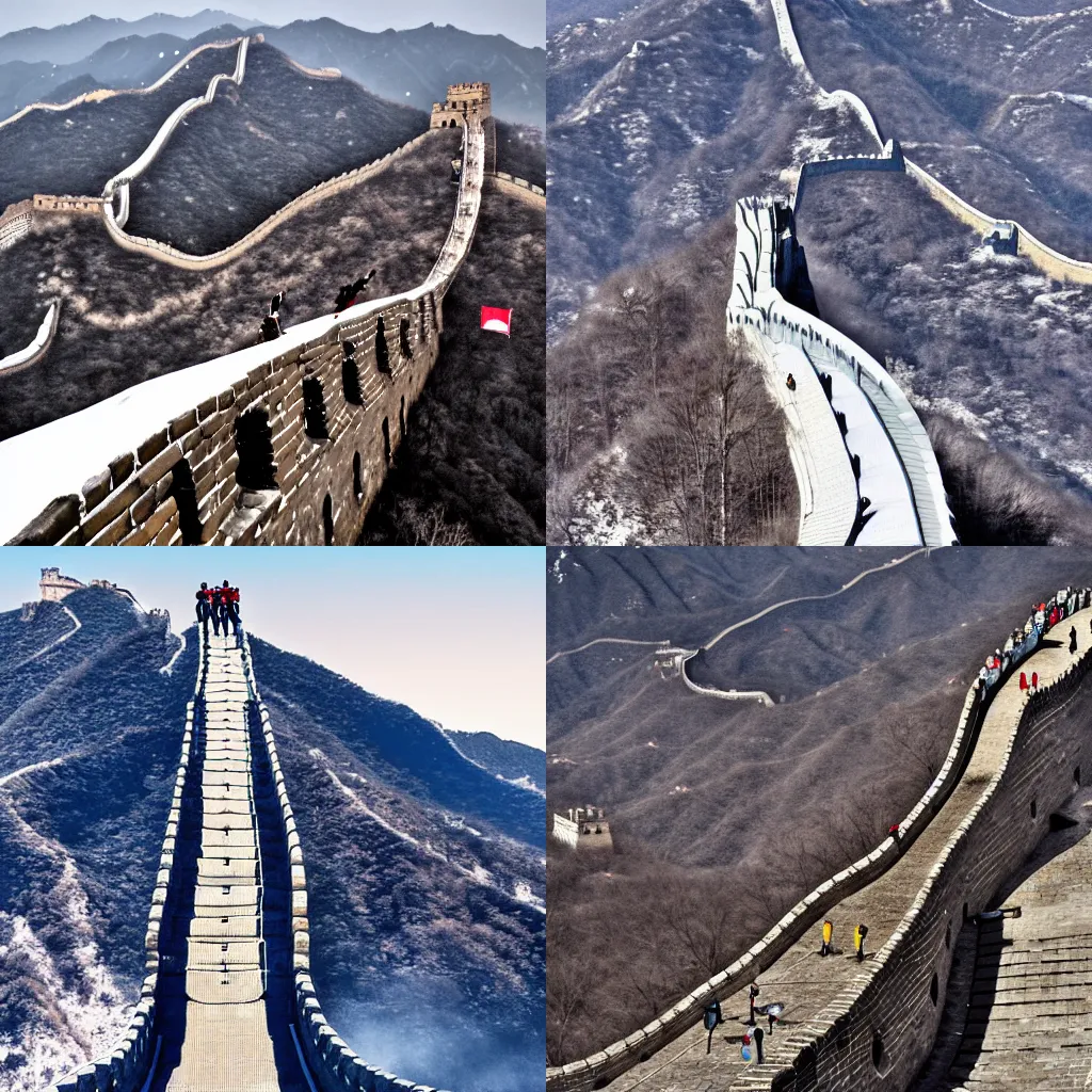 Prompt: Photo of a Olympic ski jump on the Great Wall of China, skiier in flight