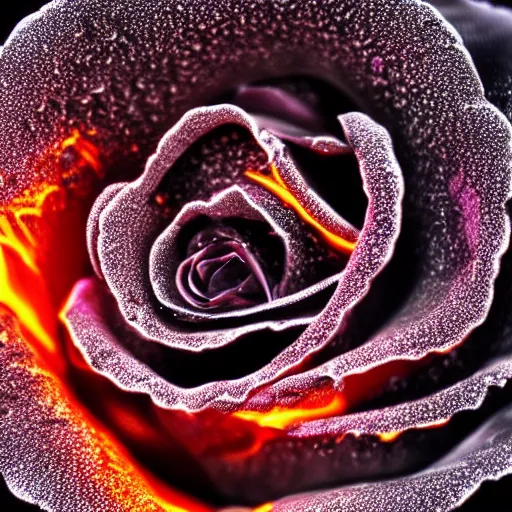 Image similar to award - winning macro of a beautiful black rose made of glowing molten magma