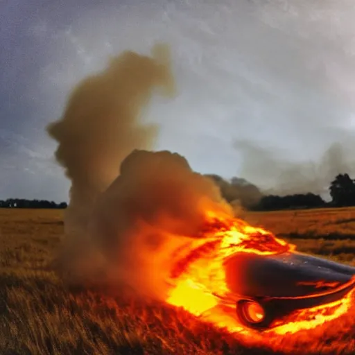 Image similar to fisheye skate video style photo of a burning building in an empty field, yellow red tones, hyper realistic, wide, wheat blowing in the wind