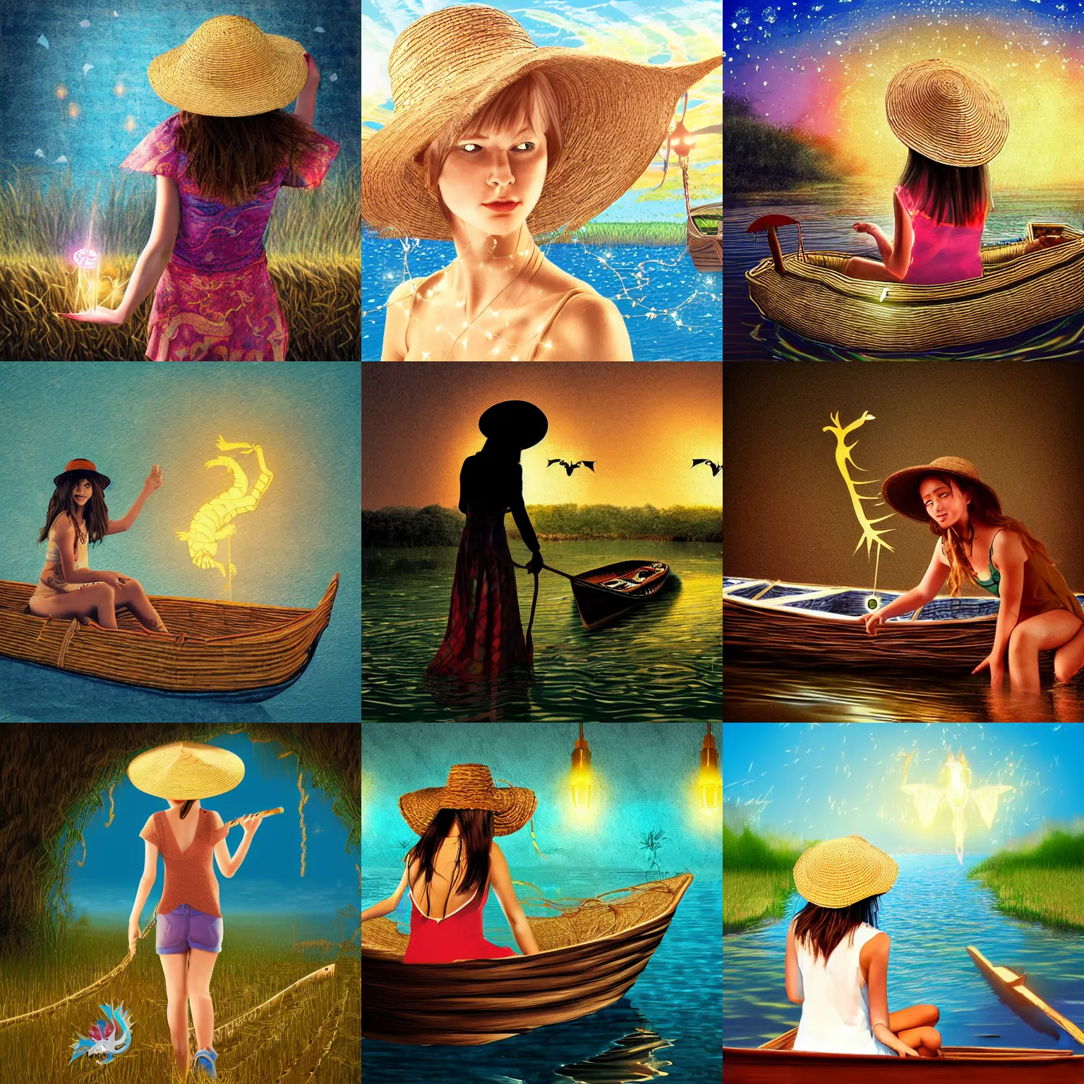 Image similar to digital art girl in straw hat with dragon tatoo with lights traveling around swamp in boat