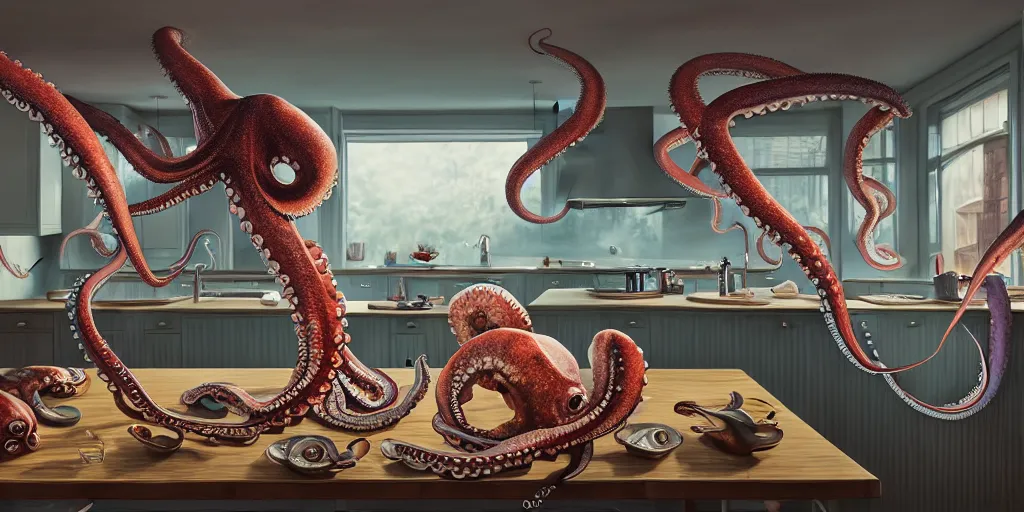 Prompt: a kitchen full of big octopus, realistic, extremely detailed, sharp focus, wide view, smooth, digital illustration, intense colors, octane render, unreal engine 6, ray tracing, by james jean, by rossdraws, by frank franzzeta, by mcbess, by sakimichan, by brosmin, by danton fadeev, by steve simpson