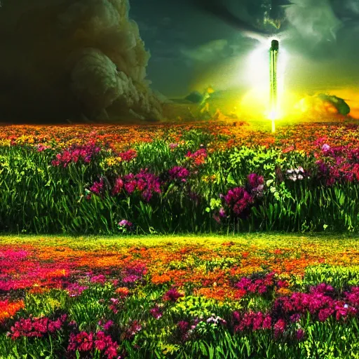 Prompt: a nuclear explosion with flowers, hyper detailed, depth of field, backlight, Super HD.