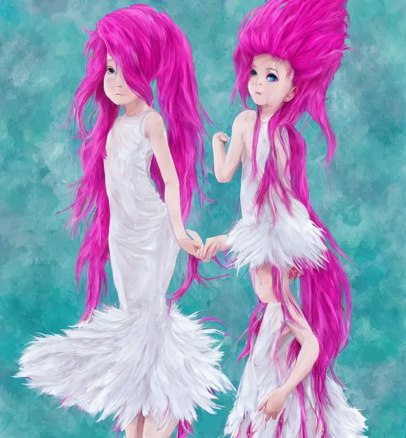 Image similar to little girl with eccentric pink hair wearing a dress made of white feather, art by dcwj