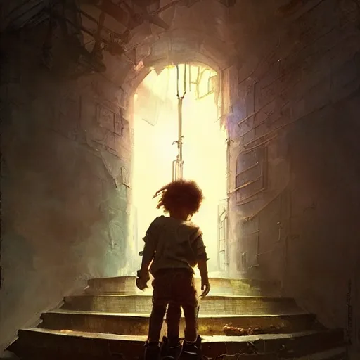 Prompt: the black boy opened a steampunk portal to the stairway to heaven, by greg rutkowski and android jones, oil on canvas volumetric lighting