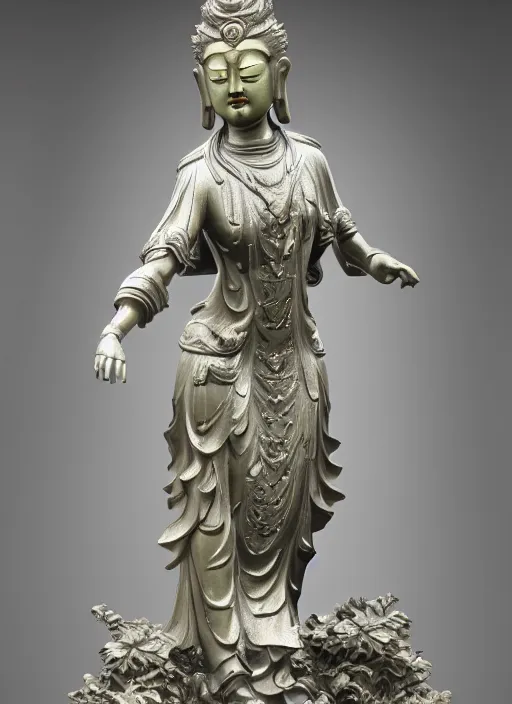 Prompt: a art deco sculpture statue of full body guanyin, intricate complexity,, statue by jane hamilton, ruan jia, character concept, radiant light,, frostbite 3 engine, cryengine, dof, trending on artstation, digital art, fantasy detailed abackground